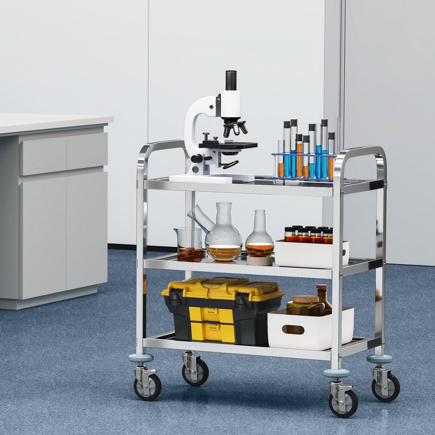 Stainless Steel Cart, 3 Layers Lab Utility Cart 181.4kg Weight Capacity, Medical Cart with Lockable Universal Wheels, for Lab, Clinic, Kitchen, Salon