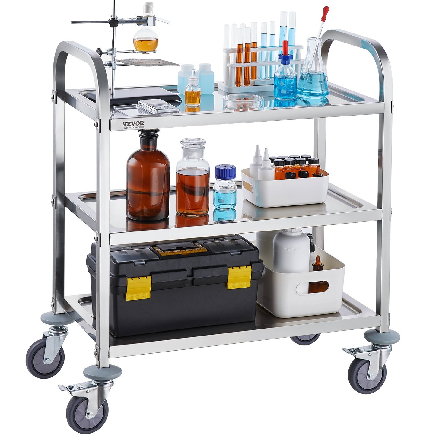 Stainless Steel Cart, 3 Layers Lab Utility Cart 181.4kg Weight Capacity, Medical Cart with Lockable Universal Wheels, for Lab, Clinic, Kitchen, Salon