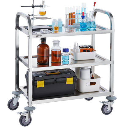 Stainless Steel Cart, 3 Layers Lab Utility Cart 181.4kg Weight Capacity, Medical Cart with Lockable Universal Wheels, for Lab, Clinic, Kitchen, Salon
