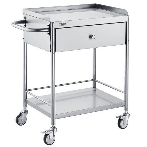 Medical Cart, 2 Layers Stainless Steel Cart 99.8 kg Weight Capacity, Lab Utility Cart with 360° Silent Wheels and a Drawer for Lab, Clinic, Kitchen, Salon