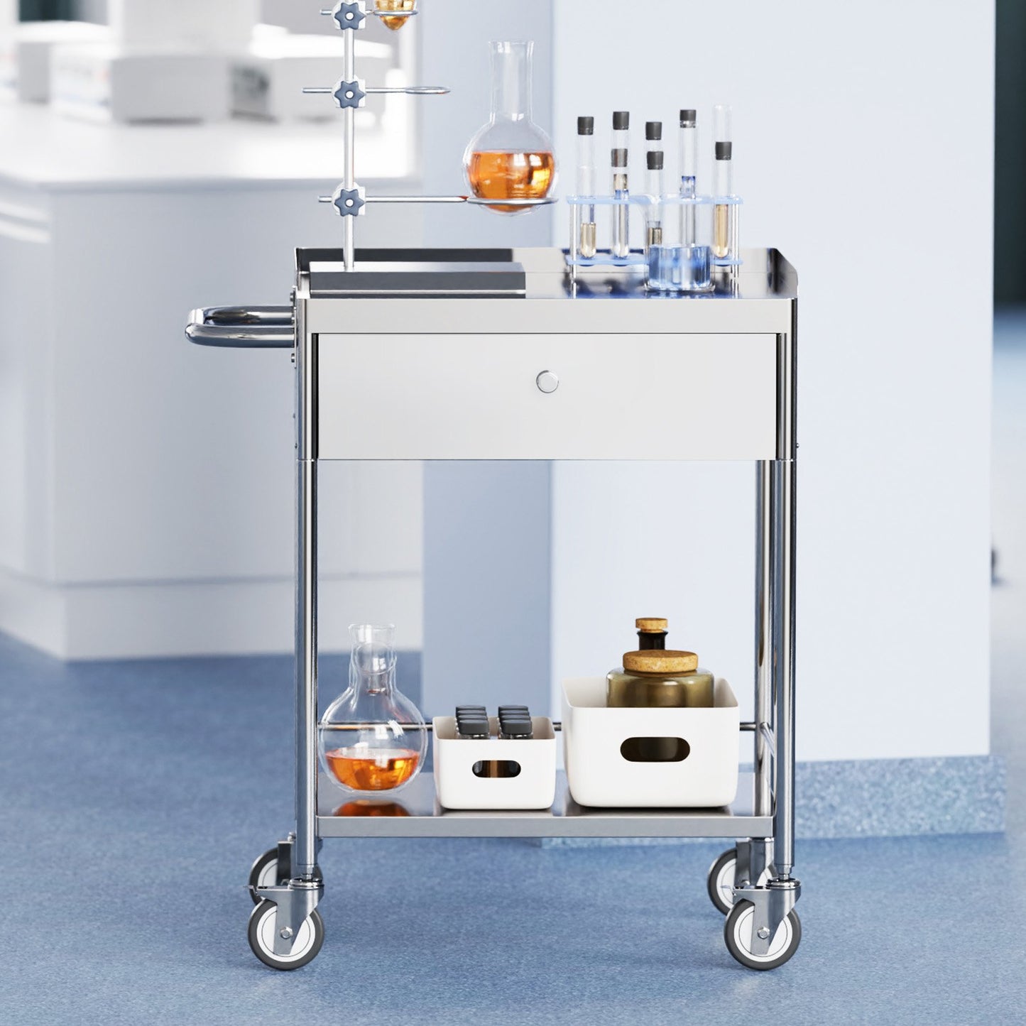 Medical Cart, 2 Layers Stainless Steel Cart 99.8 kg Weight Capacity, Lab Utility Cart with 360° Silent Wheels and a Drawer for Lab, Clinic, Kitchen, Salon