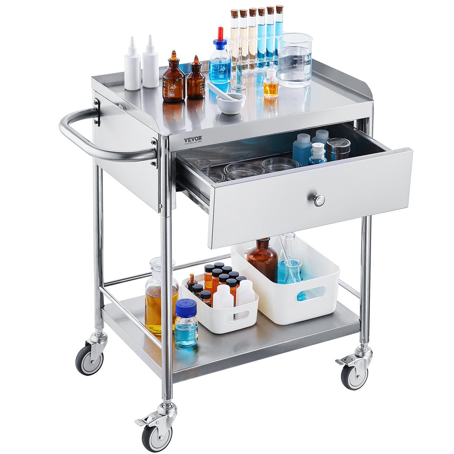 Medical Cart, 2 Layers Stainless Steel Cart 99.8 kg Weight Capacity, Lab Utility Cart with 360° Silent Wheels and a Drawer for Lab, Clinic, Kitchen, Salon