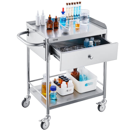 Medical Cart, 2 Layers Stainless Steel Cart 99.8 kg Weight Capacity, Lab Utility Cart with 360° Silent Wheels and a Drawer for Lab, Clinic, Kitchen, Salon