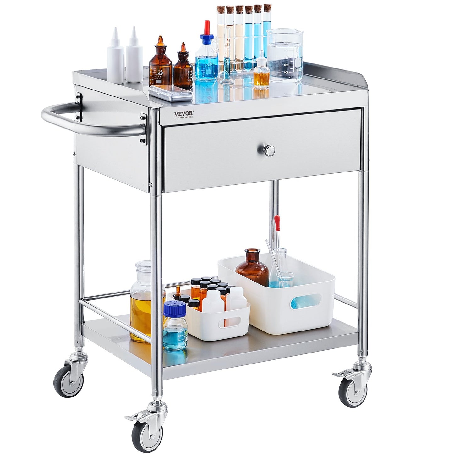 Medical Cart, 2 Layers Stainless Steel Cart 99.8 kg Weight Capacity, Lab Utility Cart with 360° Silent Wheels and a Drawer for Lab, Clinic, Kitchen, Salon