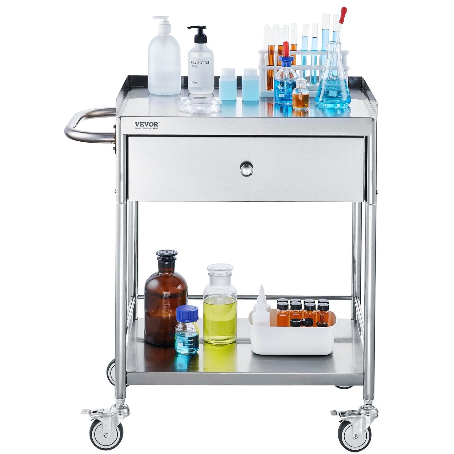 Medical Cart, 2 Layers Stainless Steel Cart 99.8 kg Weight Capacity, Lab Utility Cart with 360° Silent Wheels and a Drawer for Lab, Clinic, Kitchen, Salon