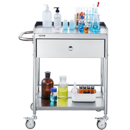 Medical Cart, 2 Layers Stainless Steel Cart 99.8 kg Weight Capacity, Lab Utility Cart with 360° Silent Wheels and a Drawer for Lab, Clinic, Kitchen, Salon