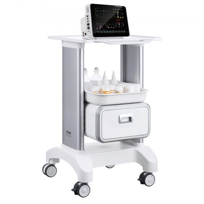 2 Tiers Lab Carts, Lab Utility Cart with 1 Drawer & 1 Top Tray, Mobile Medical Cart with ABS Material, Lab Rolling Cart with 4 Silent Wheels for Lab, Clinic, Hospital, Salon, White