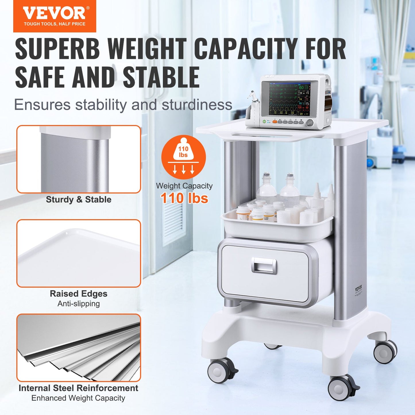 2 Tiers Lab Carts, Lab Utility Cart with 1 Drawer & 1 Top Tray, Mobile Medical Cart with ABS Material, Lab Rolling Cart with 4 Silent Wheels for Lab, Clinic, Hospital, Salon, White