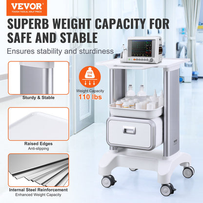 2 Tiers Lab Carts, Lab Utility Cart with 1 Drawer & 1 Top Tray, Mobile Medical Cart with ABS Material, Lab Rolling Cart with 4 Silent Wheels for Lab, Clinic, Hospital, Salon, White