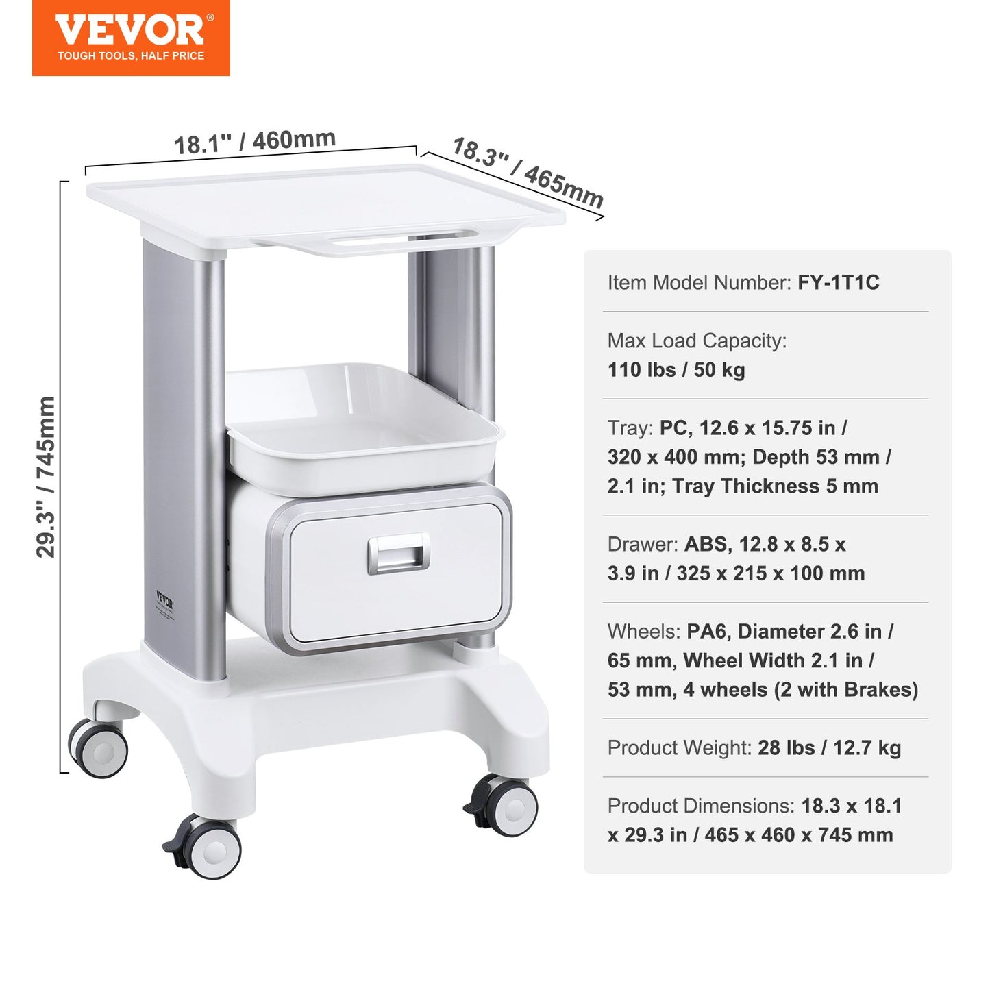 2 Tiers Lab Carts, Lab Utility Cart with 1 Drawer & 1 Top Tray, Mobile Medical Cart with ABS Material, Lab Rolling Cart with 4 Silent Wheels for Lab, Clinic, Hospital, Salon, White