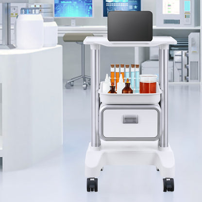 2 Tiers Lab Carts, Lab Utility Cart with 1 Drawer & 1 Top Tray, Mobile Medical Cart with ABS Material, Lab Rolling Cart with 4 Silent Wheels for Lab, Clinic, Hospital, Salon, White