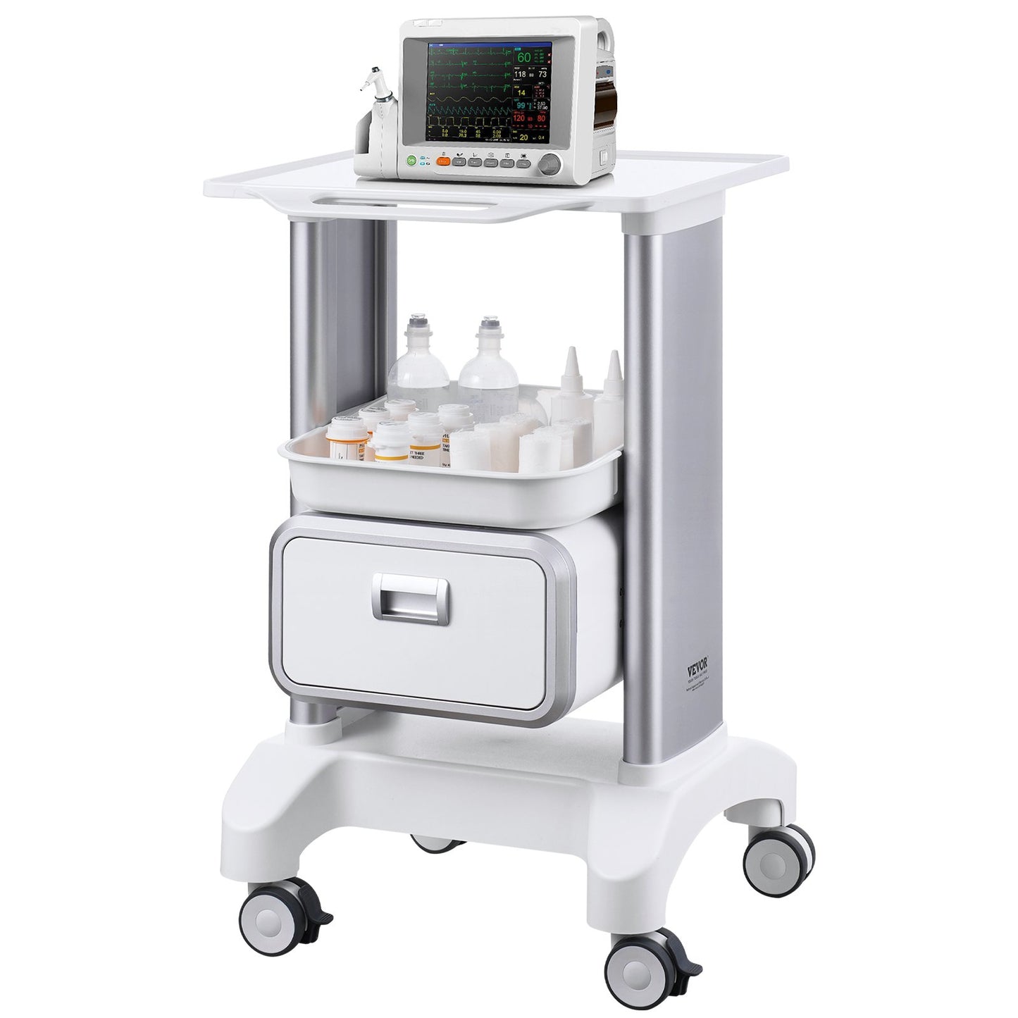 2 Tiers Lab Carts, Lab Utility Cart with 1 Drawer & 1 Top Tray, Mobile Medical Cart with ABS Material, Lab Rolling Cart with 4 Silent Wheels for Lab, Clinic, Hospital, Salon, White