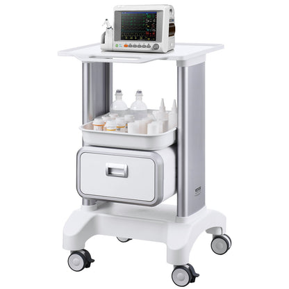 2 Tiers Lab Carts, Lab Utility Cart with 1 Drawer & 1 Top Tray, Mobile Medical Cart with ABS Material, Lab Rolling Cart with 4 Silent Wheels for Lab, Clinic, Hospital, Salon, White