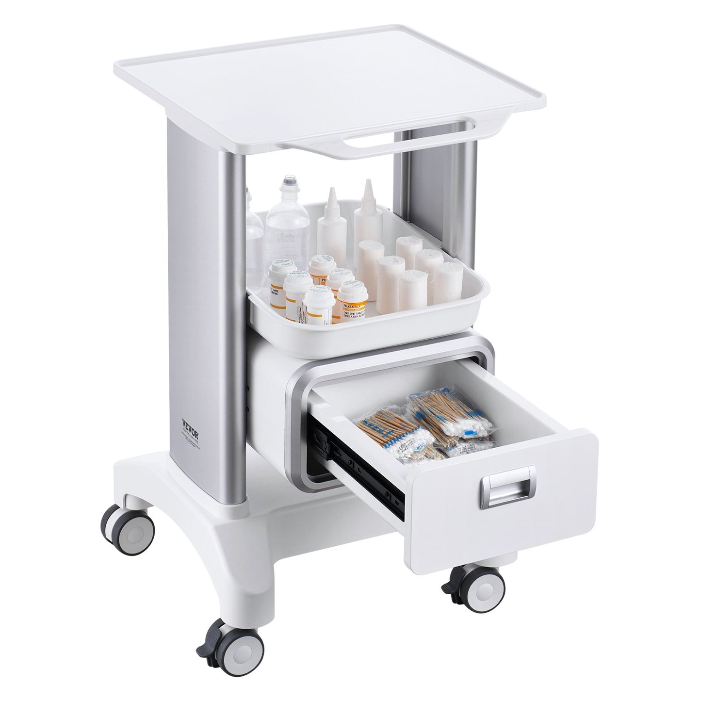 2 Tiers Lab Carts, Lab Utility Cart with 1 Drawer & 1 Top Tray, Mobile Medical Cart with ABS Material, Lab Rolling Cart with 4 Silent Wheels for Lab, Clinic, Hospital, Salon, White