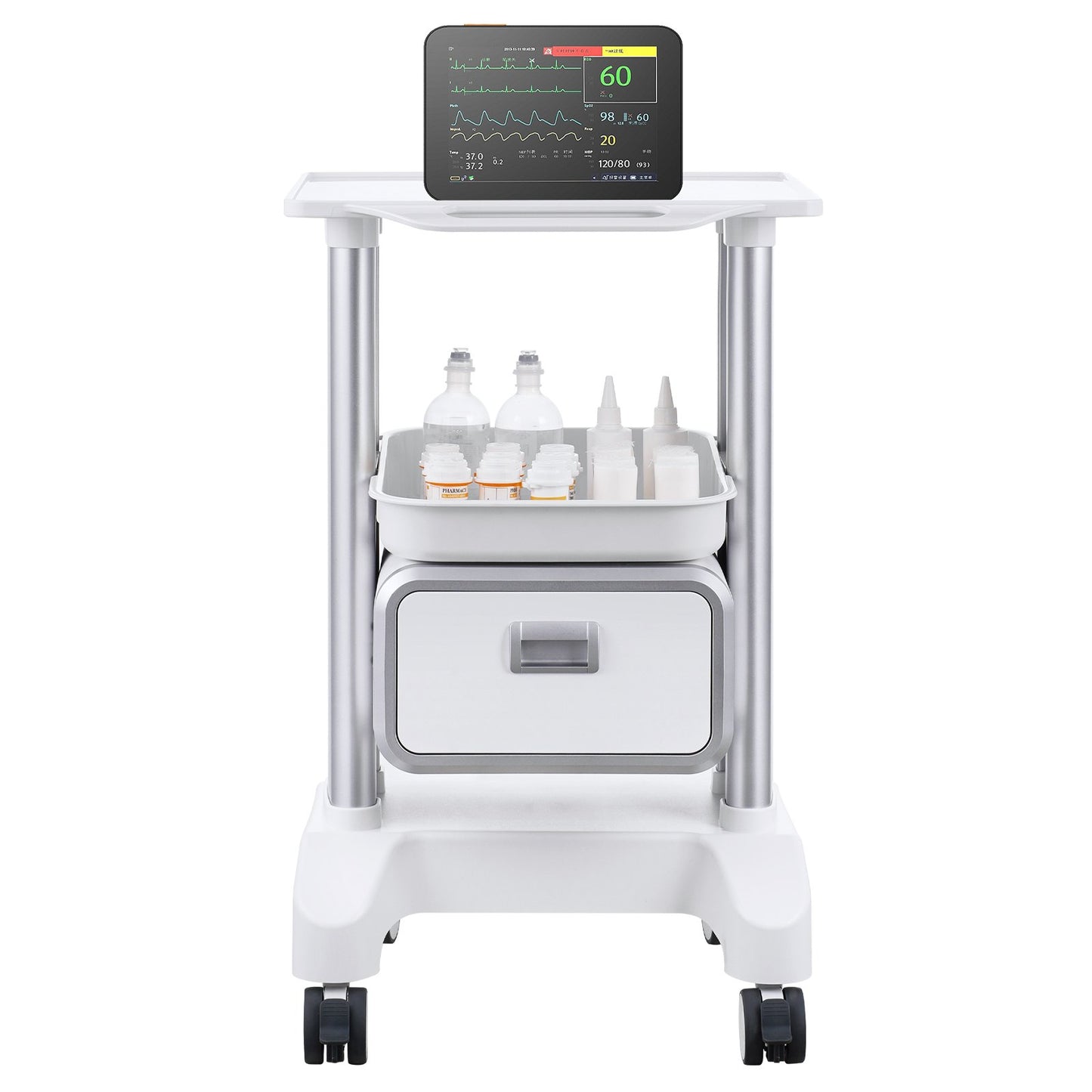 2 Tiers Lab Carts, Lab Utility Cart with 1 Drawer & 1 Top Tray, Mobile Medical Cart with ABS Material, Lab Rolling Cart with 4 Silent Wheels for Lab, Clinic, Hospital, Salon, White
