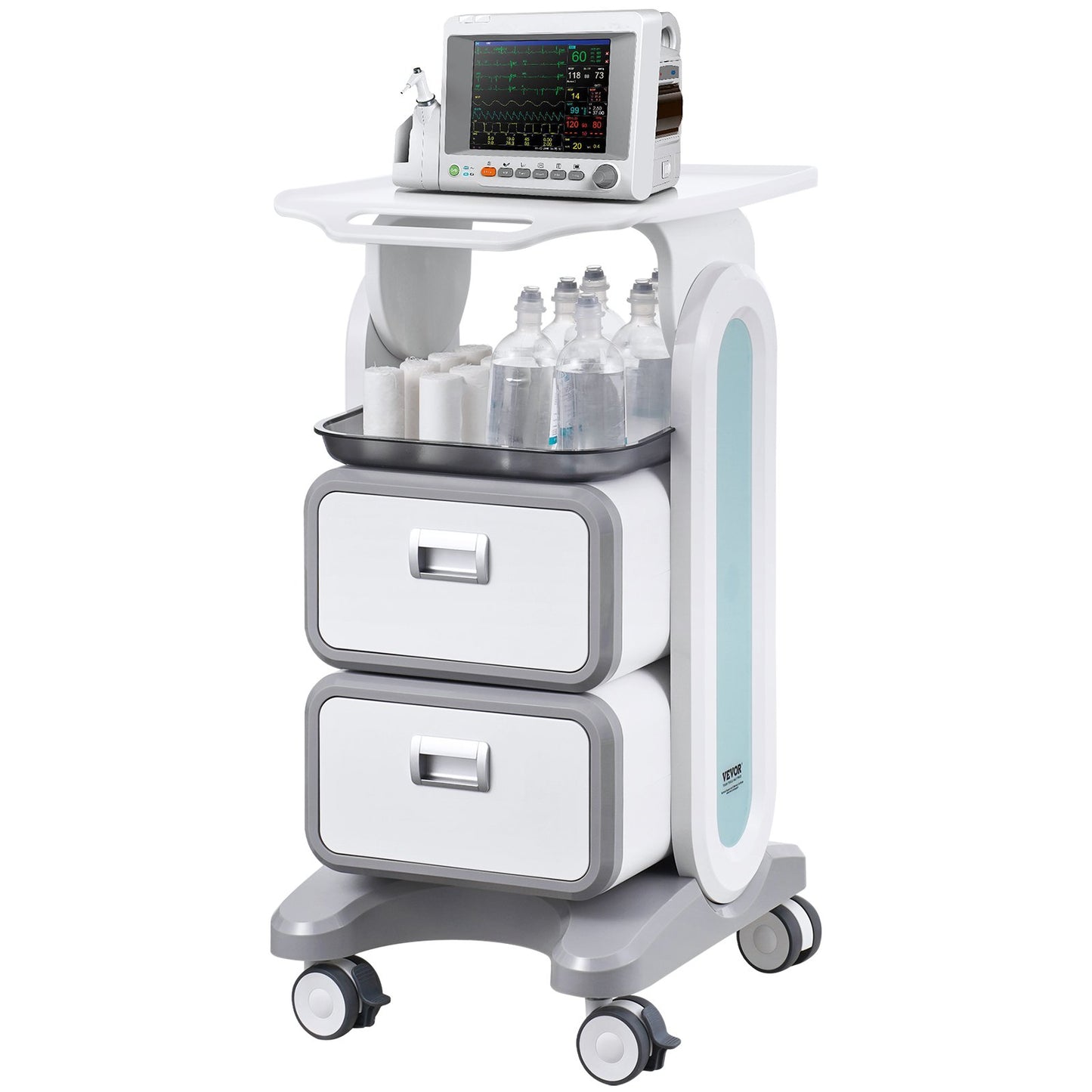 3-stöckiger Laborwagen, Laborwagen mit 2 Schubladen und 1 Ablagefach, mobiler medizinischer Wagen aus ABS-Material, rollbarer Laborwagen mit 4 geräuscharmen Rollen für Labor, Klinik, Krankenhaus, Salon, Weiß