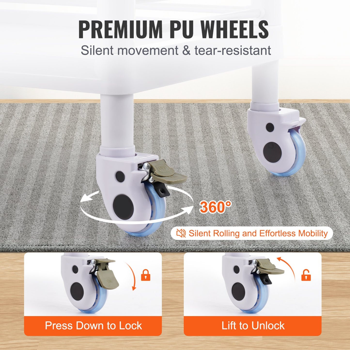 3-stöckiger Laborwagen, Laborwagen mit 3 Ablagen und 4 geräuscharmen Rollen, mobiler medizinischer Wagen aus PP-Material, rollbarer Laborwagen mit 3 Abfallbehältern für Labor, Klinik, Krankenhaus, Salon, Weiß