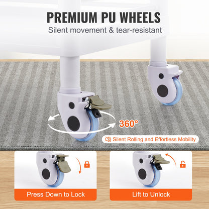 3-stöckiger Laborwagen, Laborwagen mit 3 Ablagen und 4 geräuscharmen Rollen, mobiler medizinischer Wagen aus PP-Material, rollbarer Laborwagen mit 3 Abfallbehältern für Labor, Klinik, Krankenhaus, Salon, Weiß