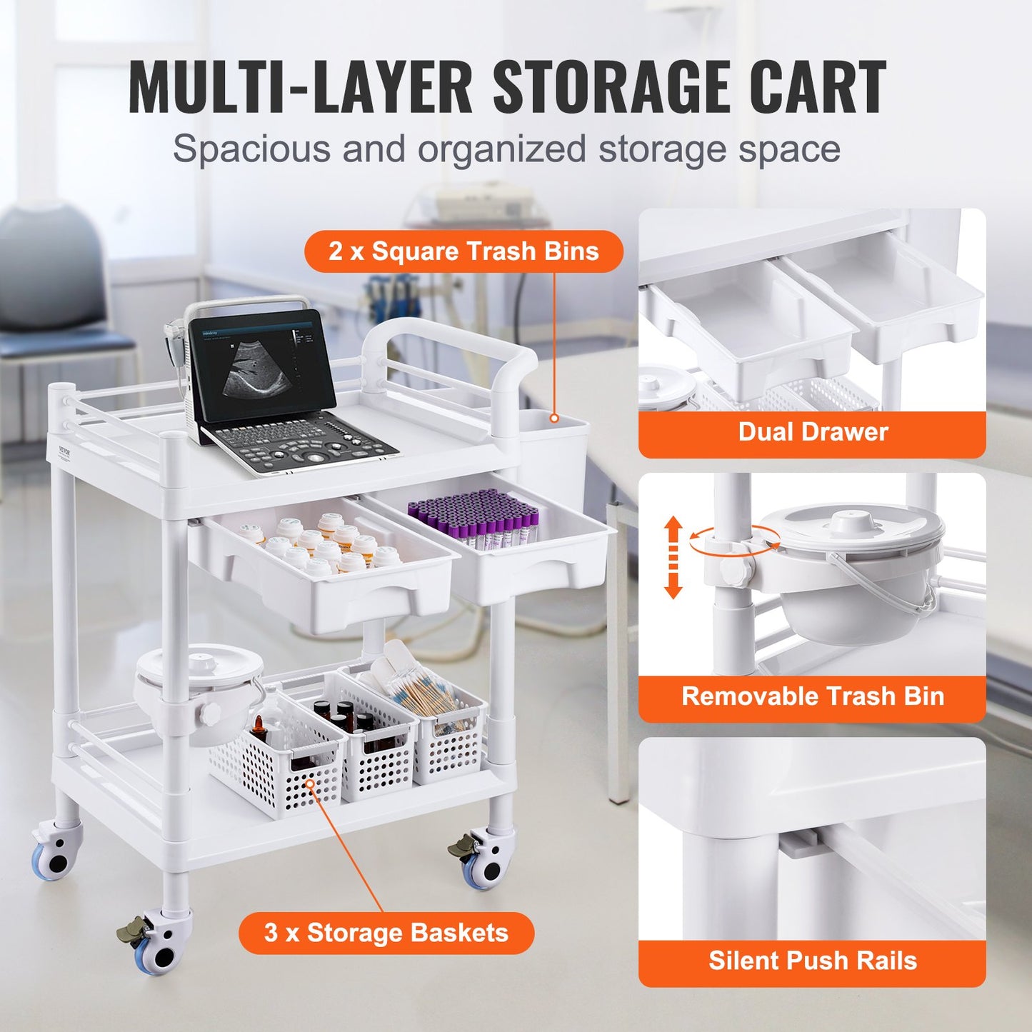2 Tiers Lab Carts, Lab Utility Cart with 2 Trays, 2 Drawers & 4 Silent Wheels, Mobile Medical Cart with PP Material, Lab Rolling Cart with 3 Trash Cans for Lab, Clinic, Hospital, Salon, White
