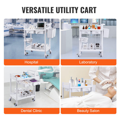 2 Tiers Lab Carts, Lab Utility Cart with 2 Trays, 2 Drawers & 4 Silent Wheels, Mobile Medical Cart with PP Material, Lab Rolling Cart with 3 Trash Cans for Lab, Clinic, Hospital, Salon, White