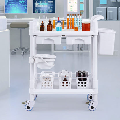 2 Tiers Lab Carts, Lab Utility Cart with 2 Trays, 2 Drawers & 4 Silent Wheels, Mobile Medical Cart with PP Material, Lab Rolling Cart with 3 Trash Cans for Lab, Clinic, Hospital, Salon, White
