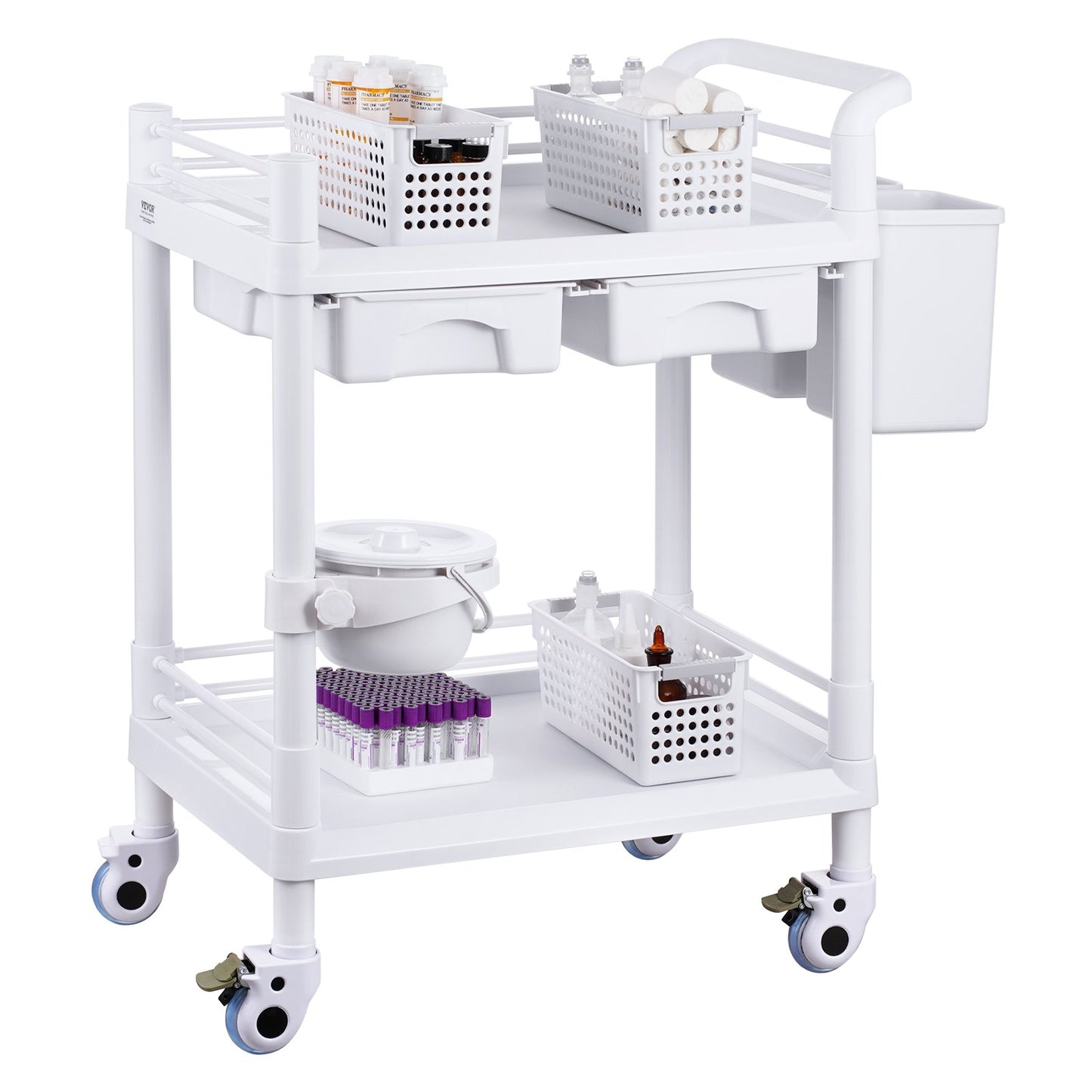 2 Tiers Lab Carts, Lab Utility Cart with 2 Trays, 2 Drawers & 4 Silent Wheels, Mobile Medical Cart with PP Material, Lab Rolling Cart with 3 Trash Cans for Lab, Clinic, Hospital, Salon, White