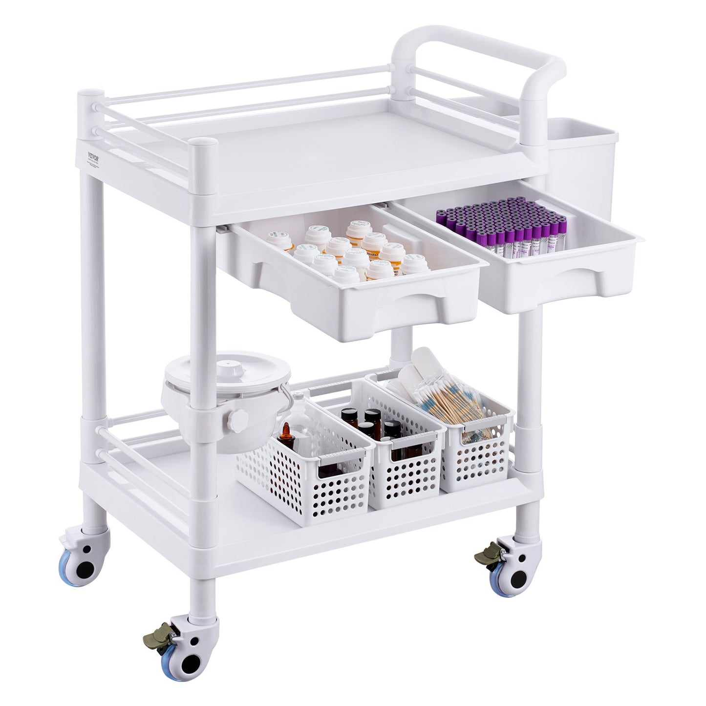 2 Tiers Lab Carts, Lab Utility Cart with 2 Trays, 2 Drawers & 4 Silent Wheels, Mobile Medical Cart with PP Material, Lab Rolling Cart with 3 Trash Cans for Lab, Clinic, Hospital, Salon, White