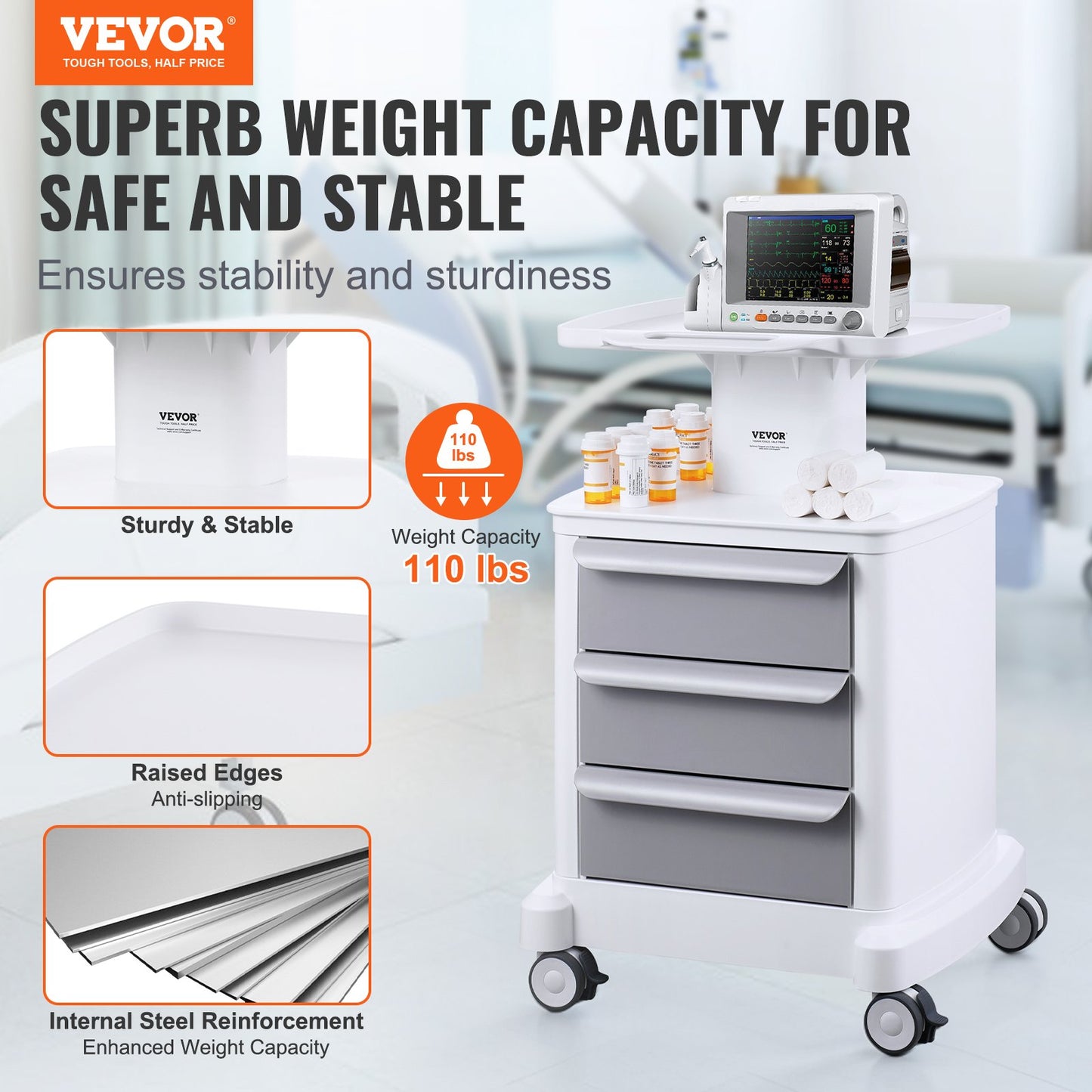 4 Tiers Lab Carts, Lab Utility Cart with 3 Drawers & 1 Top Tray, Mobile Medical Cart with ABS Material, Lab Rolling Cart with 4 Silent Wheels for Lab, Clinic, Hospital, Salon, White