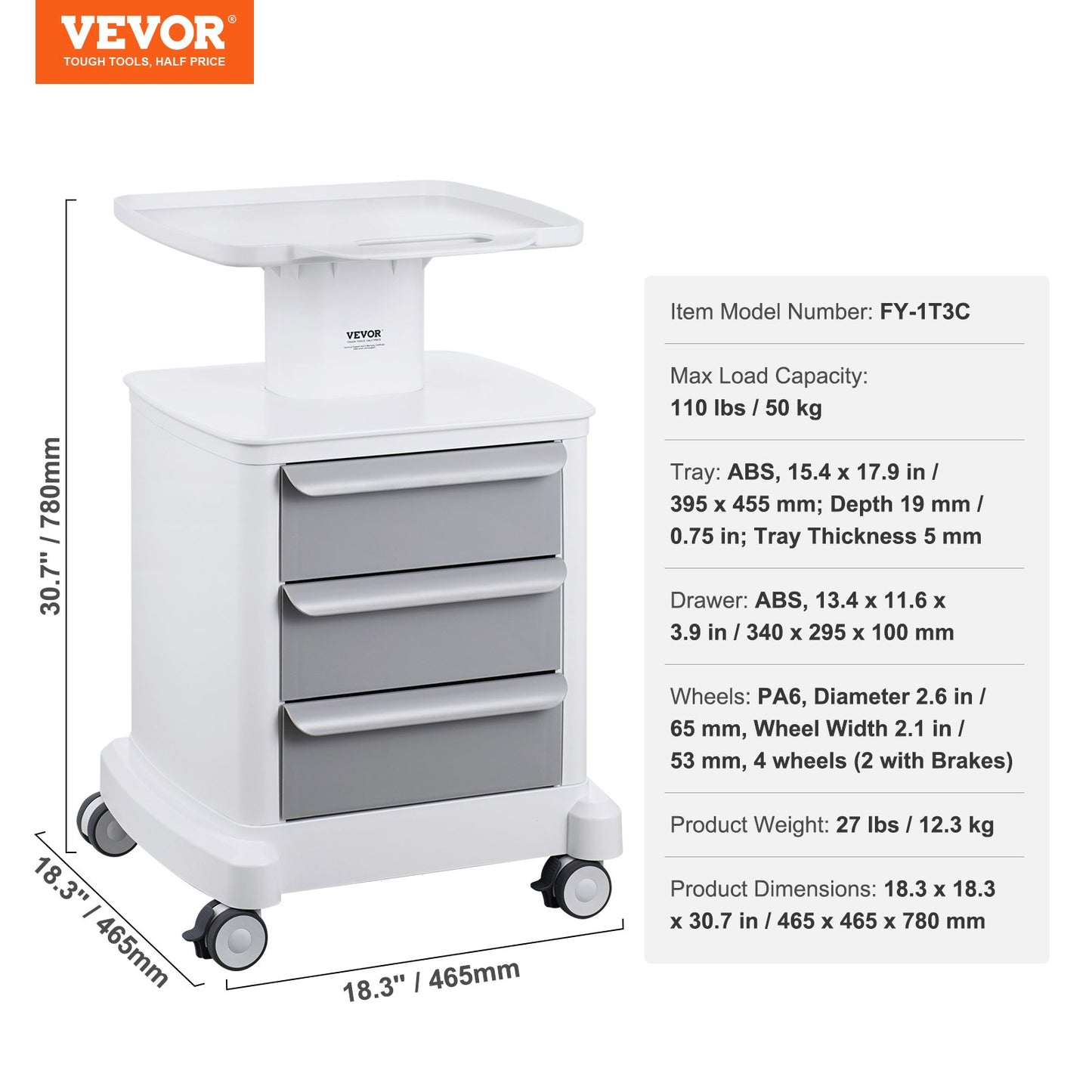 4 Tiers Lab Carts, Lab Utility Cart with 3 Drawers & 1 Top Tray, Mobile Medical Cart with ABS Material, Lab Rolling Cart with 4 Silent Wheels for Lab, Clinic, Hospital, Salon, White