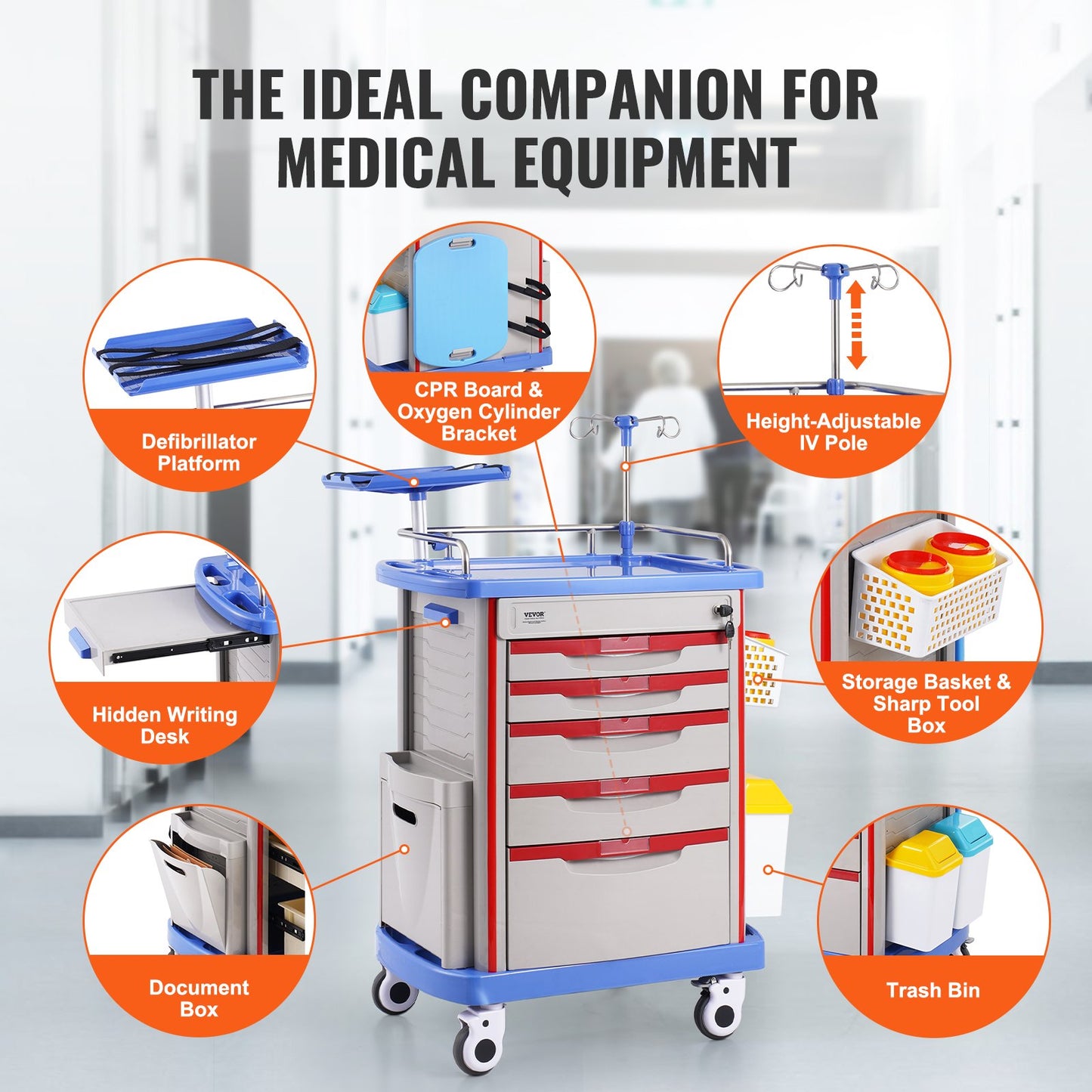 5 Tiers Lab Carts, Lab Utility Cart with 5 Drawers & 4 Silent Wheels, Mobile Medical Cart with PP Material, Lab Rolling Cart with 2 Trash Cans for Lab, Clinic, Hospital, Salon, Blue