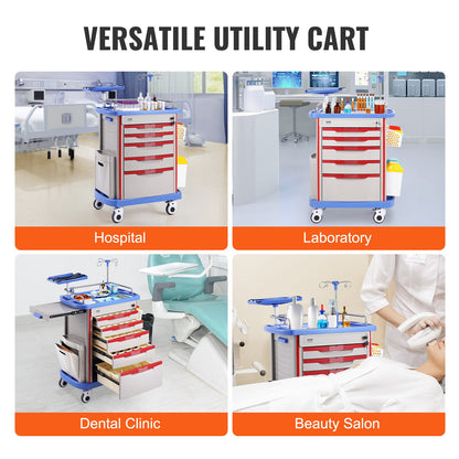 5 Tiers Lab Carts, Lab Utility Cart with 5 Drawers & 4 Silent Wheels, Mobile Medical Cart with PP Material, Lab Rolling Cart with 2 Trash Cans for Lab, Clinic, Hospital, Salon, Blue