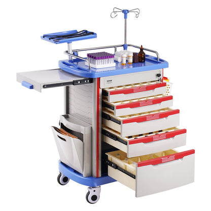 5 Tiers Lab Carts, Lab Utility Cart with 5 Drawers & 4 Silent Wheels, Mobile Medical Cart with PP Material, Lab Rolling Cart with 2 Trash Cans for Lab, Clinic, Hospital, Salon, Blue