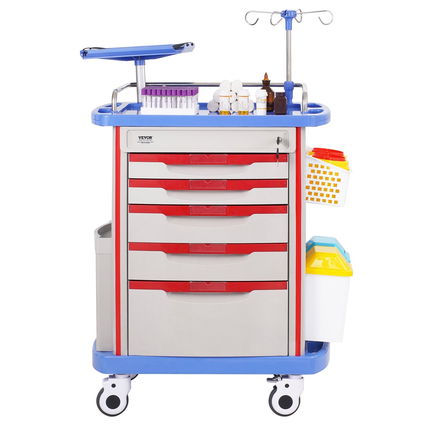 5 Tiers Lab Carts, Lab Utility Cart with 5 Drawers & 4 Silent Wheels, Mobile Medical Cart with PP Material, Lab Rolling Cart with 2 Trash Cans for Lab, Clinic, Hospital, Salon, Blue