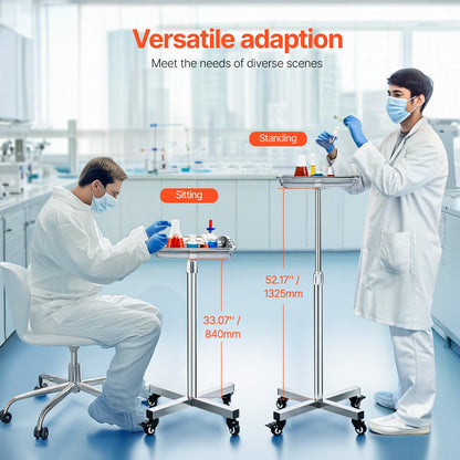 Mayo Stand, Stainless Steel Mayo Tray, Load Capacity up to 35 lbs, Adjustable Height 25.2"-39.8", Medical Tray on Wheels with Removable Tray for Spa, Salon, Clinic, Personal Care