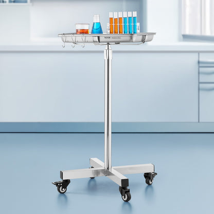 Mayo Stand, Stainless Steel Mayo Tray, Load Capacity up to 35 lbs, Adjustable Height 25.2"-39.8", Medical Tray on Wheels with Removable Tray for Spa, Salon, Clinic, Personal Care