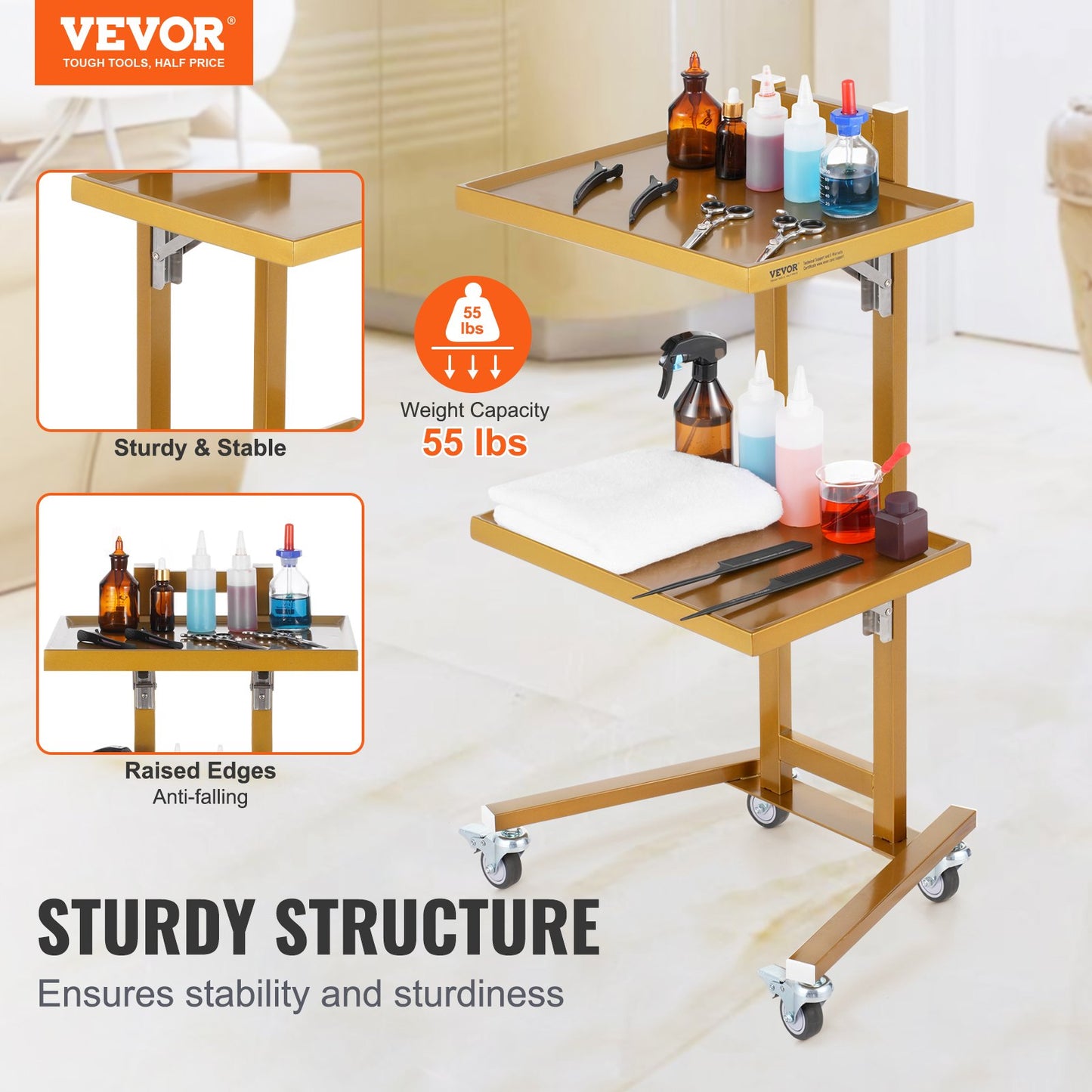 2 Tiers Stainless Steel Lab Carts, Lab Utility Cart with 2 Trays, Mobile Medical Cart with 4 Silent Wheels, Lab Rolling Cart for Lab, Clinic, Hospital, Salon, Golden