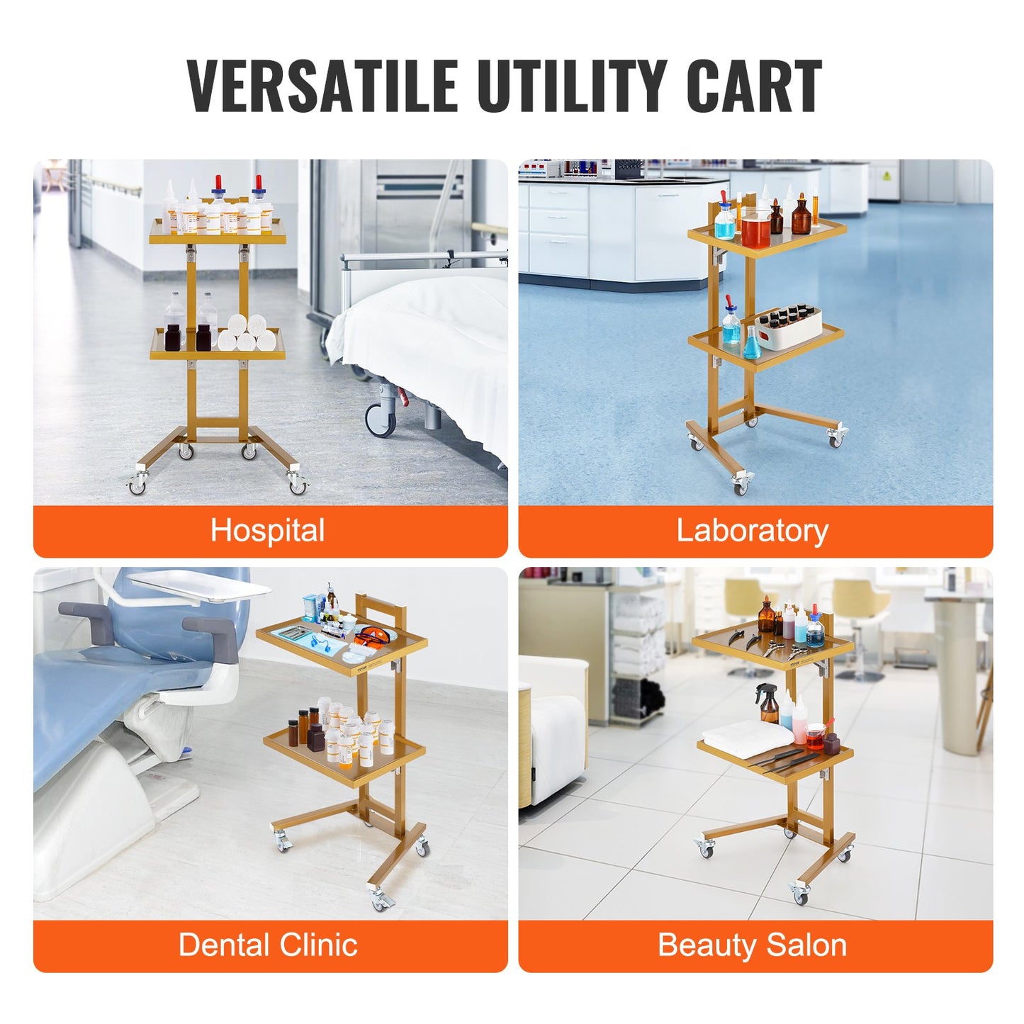 2 Tiers Stainless Steel Lab Carts, Lab Utility Cart with 2 Trays, Mobile Medical Cart with 4 Silent Wheels, Lab Rolling Cart for Lab, Clinic, Hospital, Salon, Golden