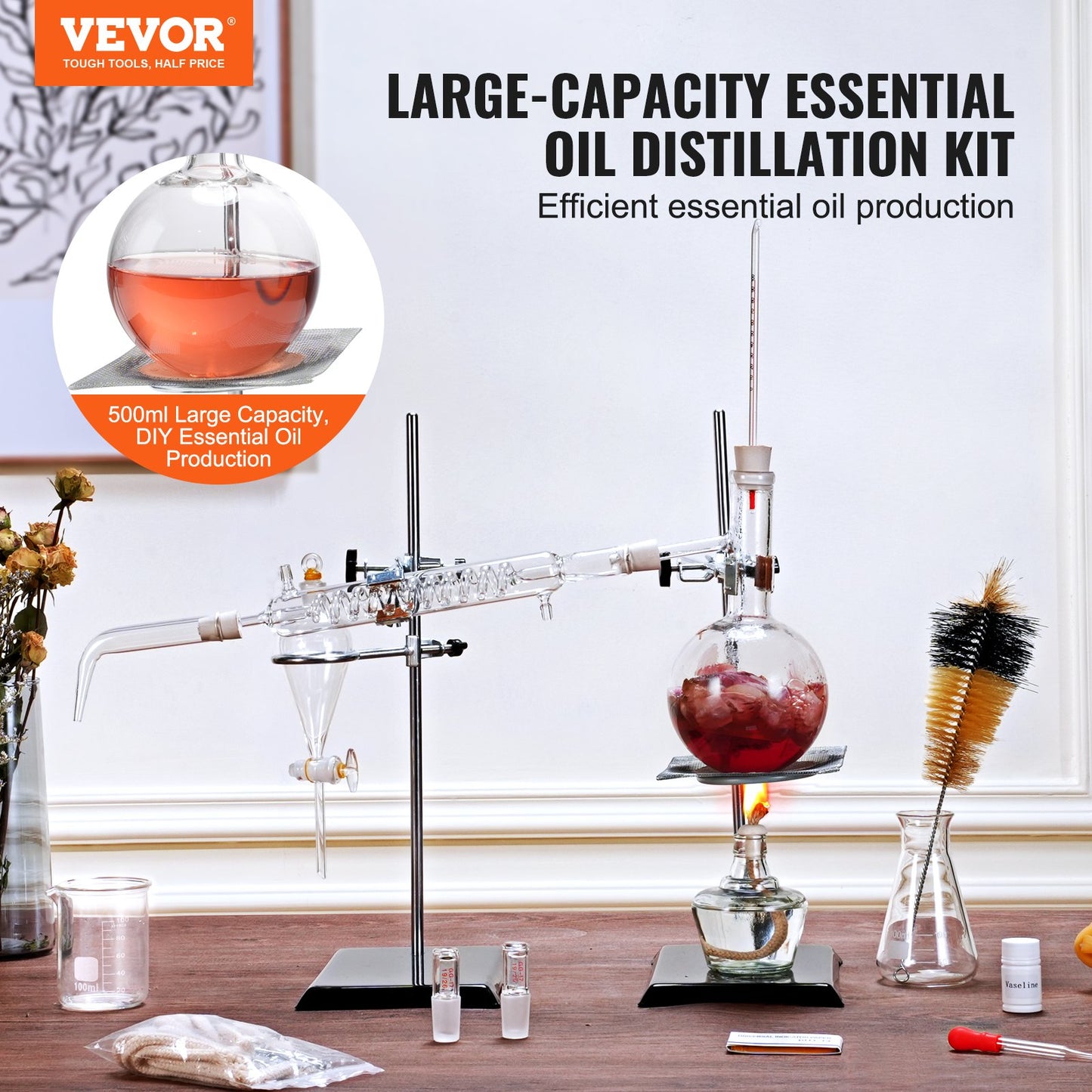 Essential Oil Distillation Kit, 500ml Distillation Apparatus, 3.3 Boro Lab Glassware Distillation Kit with Alcohol Lamp, Ceramic Mesh and 24, 40 Joint, 28 pcs Set