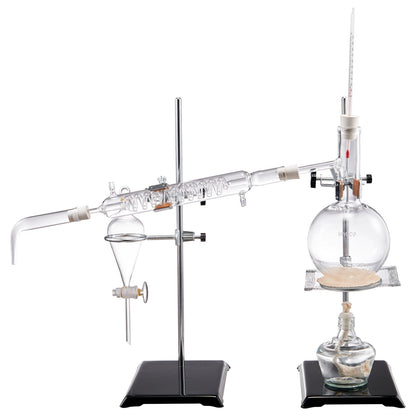 Essential Oil Distillation Kit, 500ml Distillation Apparatus, 3.3 Boro Lab Glassware Distillation Kit with Alcohol Lamp, Ceramic Mesh and 24, 40 Joint, 28 pcs Set