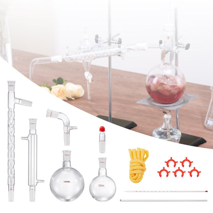 Lab Distillation Kit, 3.3 Boro Lab Glassware Distillation Kit with 24, 40 Joint, 1000ml Essential Oil Distillation Apparatus Kit, 14 pcs Set of Glassware Equipment
