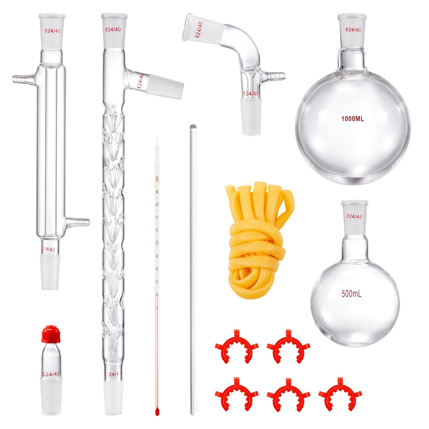Lab Distillation Kit, 3.3 Boro Lab Glassware Distillation Kit with 24, 40 Joint, 1000ml Essential Oil Distillation Apparatus Kit, 14 pcs Set of Glassware Equipment