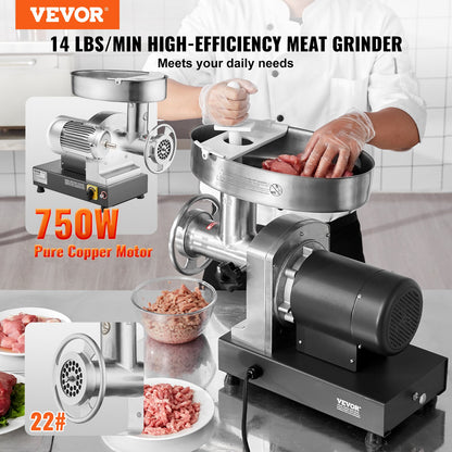Meat Grinder, 14 Lbs/Min Capacity Electric Meat Grinders with Blade, Grinding Plate, Sausage Maker, Stainless Steel Commercial Meat Mincer for Kitchen Restaurant Butcher Store
