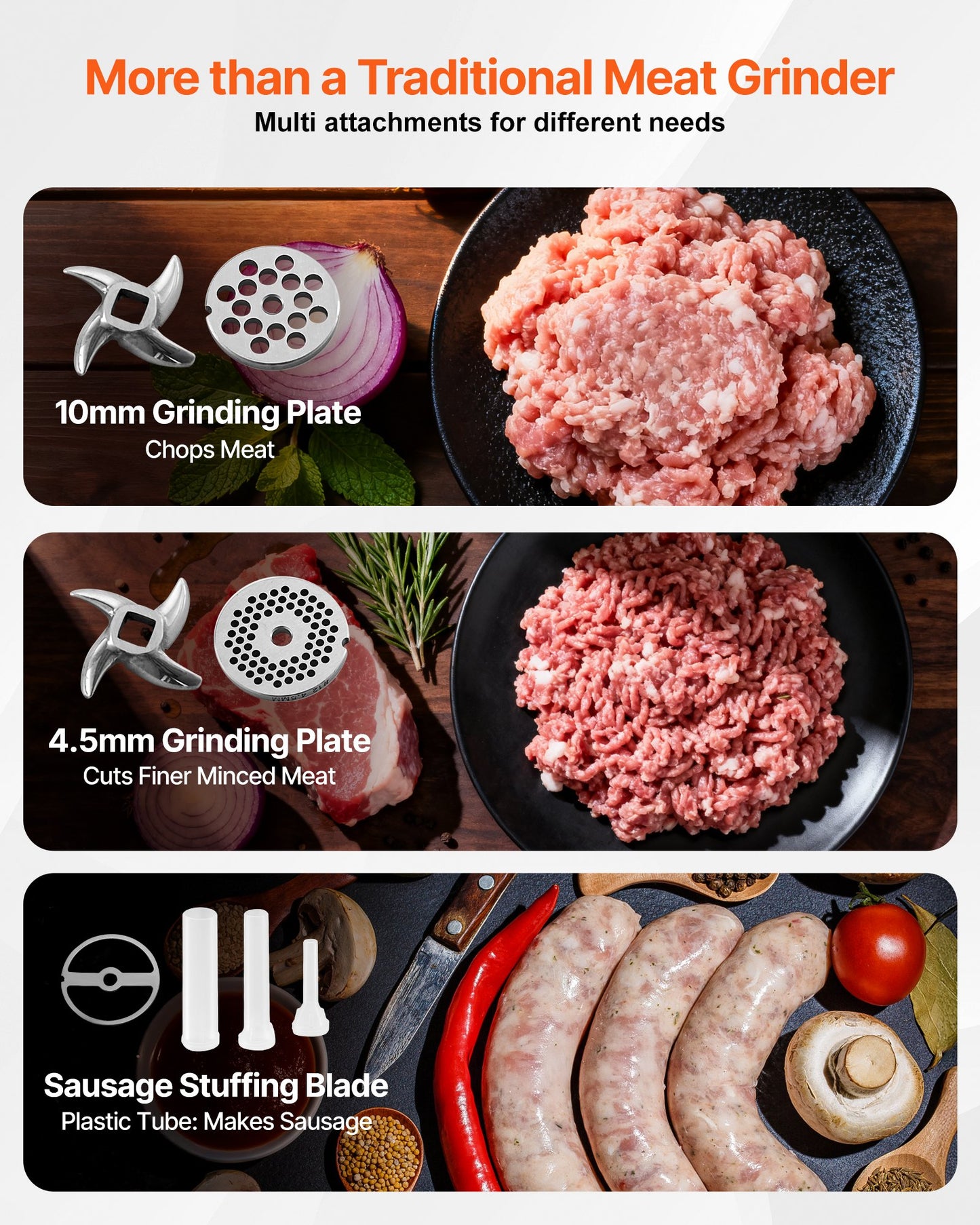 Fleischwolf, elektrischer Fleischwolf mit 21 Pfund/Min. Kapazität, inklusive Messer, Lochscheibe, Wurstmaschine und Edelstahl-Gewerbegerät für Küche, Restaurant und Metzgerei