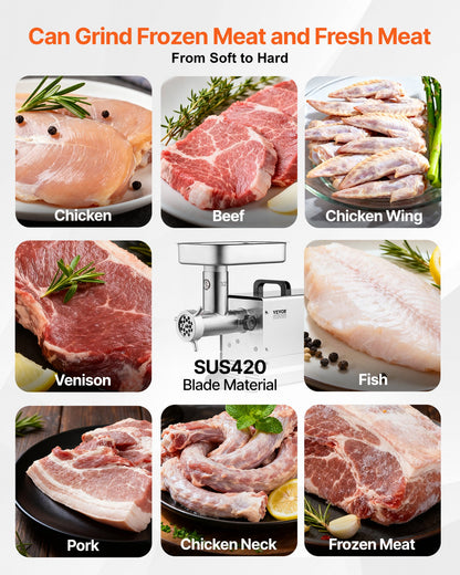 Fleischwolf, elektrischer Fleischwolf mit 21 Pfund/Min. Kapazität, inklusive Messer, Lochscheibe, Wurstmaschine und Edelstahl-Gewerbegerät für Küche, Restaurant und Metzgerei