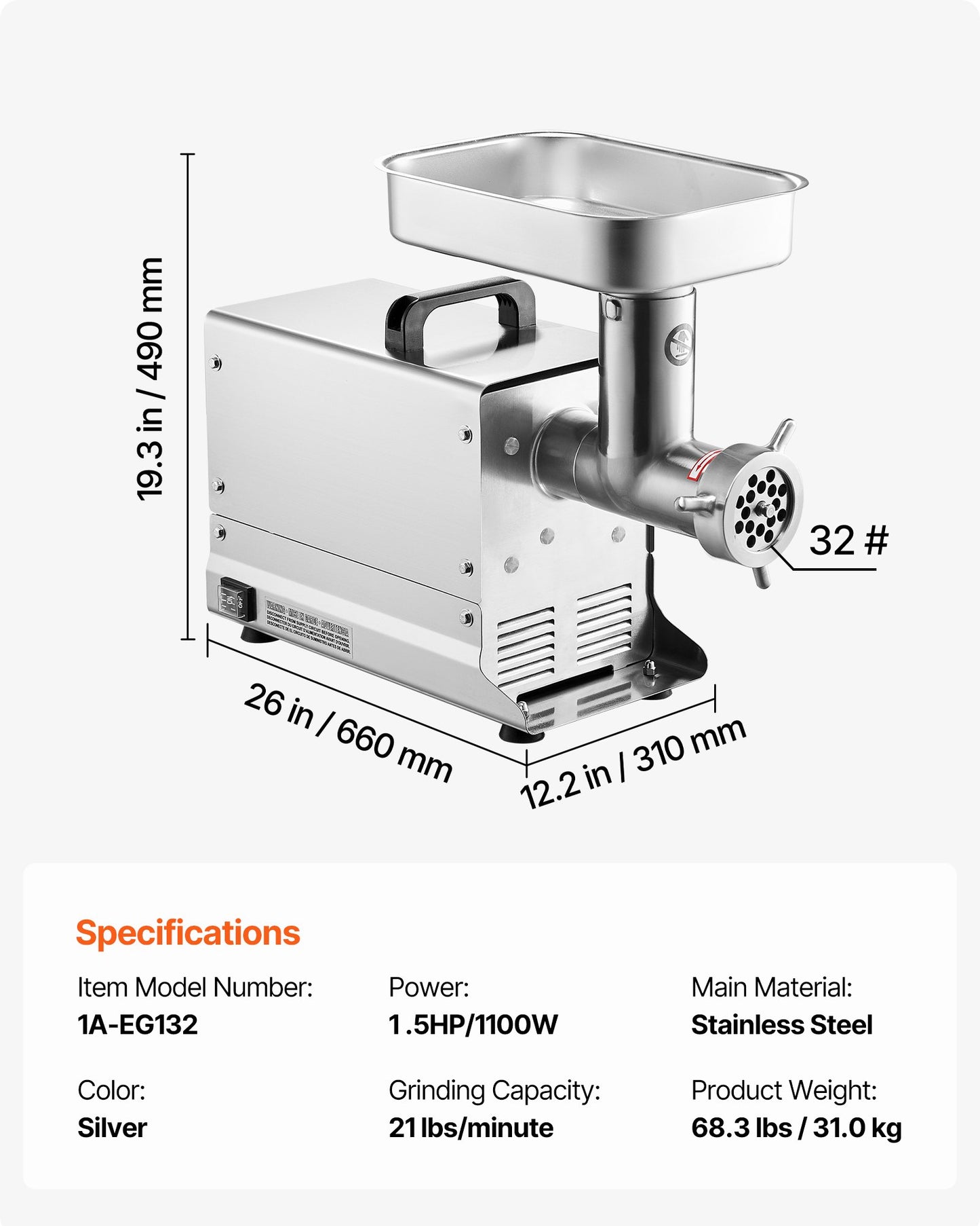 Fleischwolf, elektrischer Fleischwolf mit 21 Pfund/Min. Kapazität, inklusive Messer, Lochscheibe, Wurstmaschine und Edelstahl-Gewerbegerät für Küche, Restaurant und Metzgerei