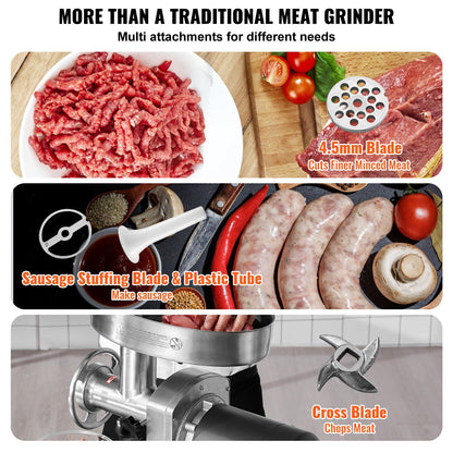 Meat Grinder, 6 Lbs/Min Capacity Electric Meat Grinders with Blade, Grinding Plate, Sausage Maker, Stainless Steel Commercial Meat Mincer for Kitchen Restaurant Butcher Store