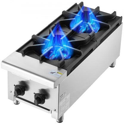 Gewerblicher Gasherd mit 2 Brennern, geeignet für Propan und Erdgas, Tischkochfeld aus Edelstahl, 14 kW, Gastronomieausstattung.