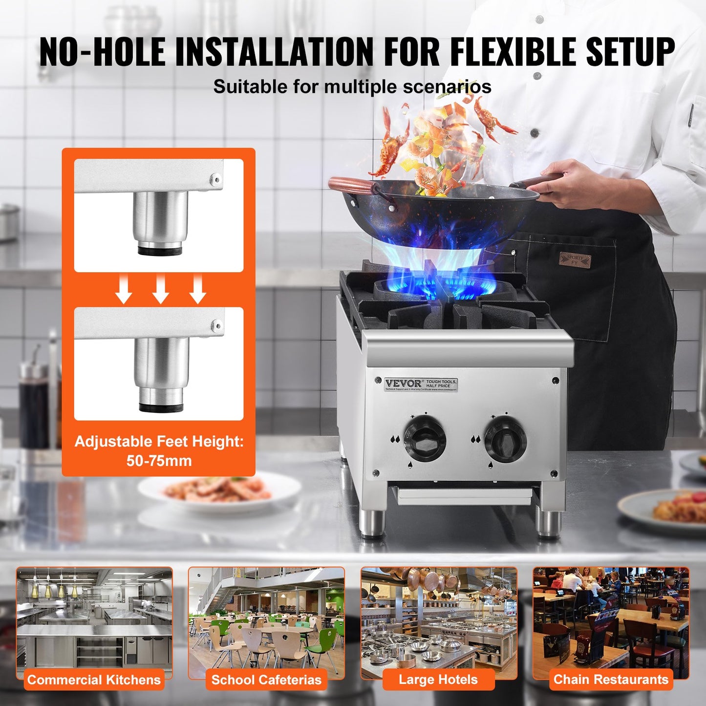 Gewerblicher Gasherd mit 2 Brennern, geeignet für Propan und Erdgas, Tischkochfeld aus Edelstahl, 14 kW, Gastronomieausstattung.