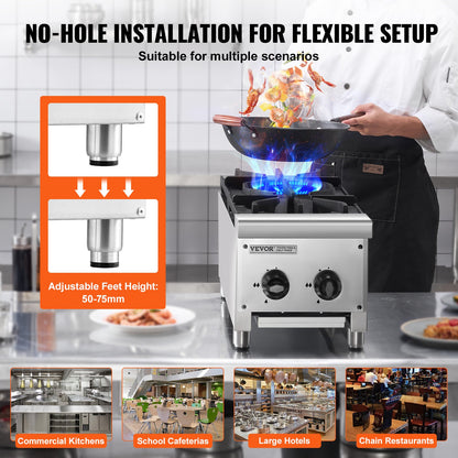 Gewerblicher Gasherd mit 2 Brennern, geeignet für Propan und Erdgas, Tischkochfeld aus Edelstahl, 14 kW, Gastronomieausstattung.