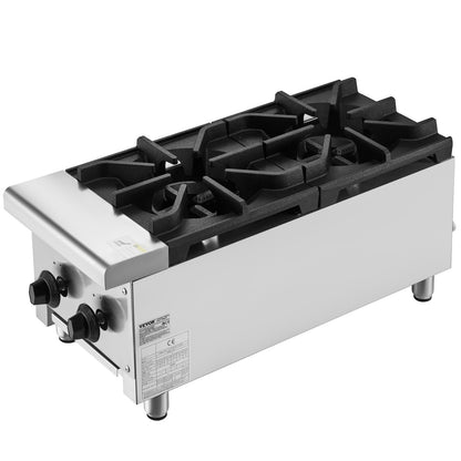 Gewerblicher Gasherd mit 2 Brennern, geeignet für Propan und Erdgas, Tischkochfeld aus Edelstahl, 14 kW, Gastronomieausstattung.